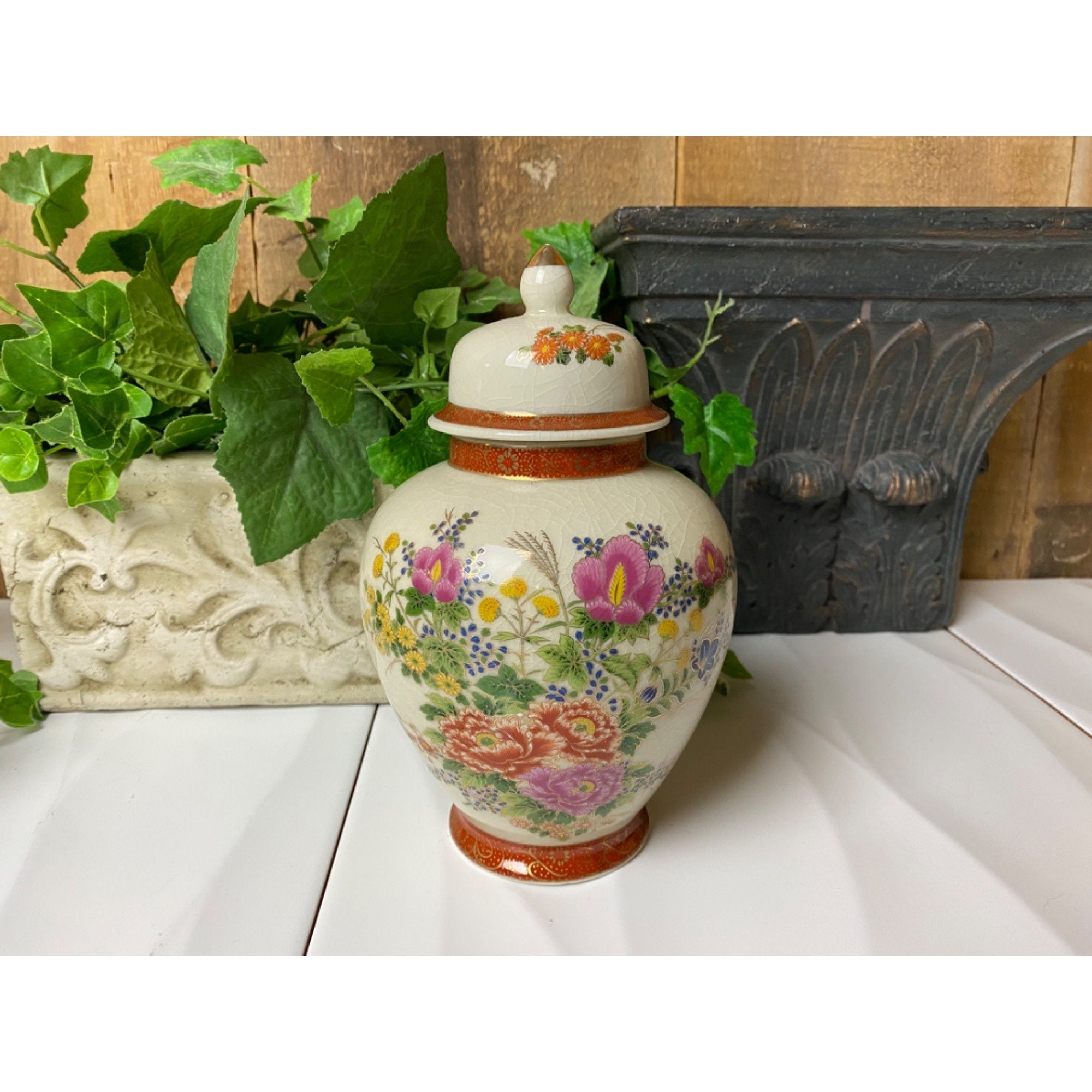 SATSUMA Ginger Jar with Lid - Floral & Bird Motif - Shimazu Family - Ruby  Lane