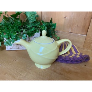 Vintage Yellow Hall Teapot Moderne with Knitted Sweater Cover | Purple/Yellow Tea Kettle Cozy | MCM | Tea Pot with Lid | Midcentury Modern