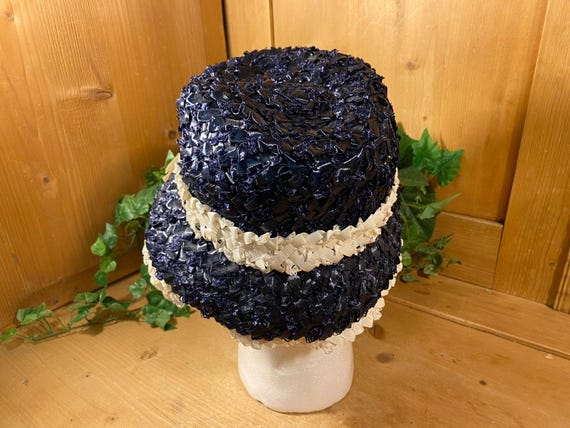Vintage Blue Cello Straw Hat with Ivory Trim | Ri… - image 4