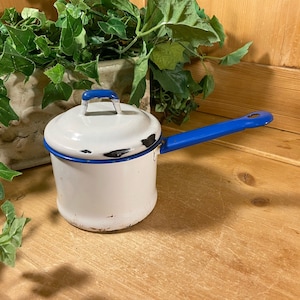 Vintage White and Blue Enamel Sauce Pan with Lid | White + Blue Enamel Pot | Farmhouse Kitchen | White Enamel Cookware | Enamelware