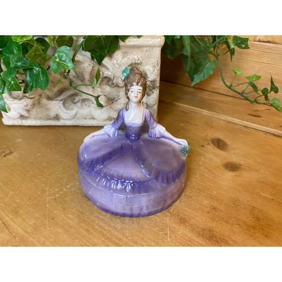 Vintage Porcelain Victorian Trinket Box | Woman In An Elegant Purple Ballgown | Shabby Chic | Made In Germany | Vanity or Dresser Decor