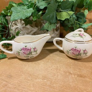 Vintage Floral China Sugar Bowl and Creamer - Set of 2 | Paden City | Pink Roses | Shabby Chic | Sugar Bowl + Cream Pitcher | Cottagecore