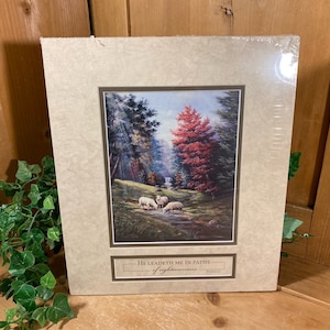 Vintage Matted Psalm 23 Art Print | He Leadeth Me In Paths of Righteousness | Shepherd and Sheep Art Print | Christian Wall Decor | Psalm 23