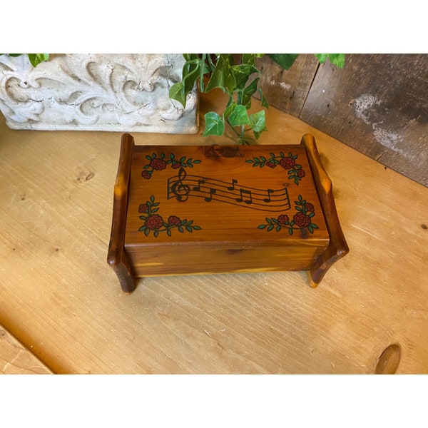 Vintage Music Notes Wooden Cedar Music & Jewelry Box | Plays "You Light Up My Life" | 1970s or MCM Decor | Vintage Shelf Decor
