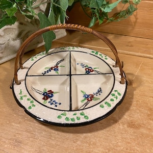 Vintage Hand-Painted Porcelain Divided Dish with Wooden Handle | Made In Japan | Floral Divided Serving Dish | Cottagecore Table Decor