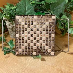 Vintage Mosaic Ceramic Tile Trivet Tray with Metal Handles | Neutrals | Midcentury Modern Decor | 1970s Kitchen Decor | Hot Pad | Pot Rest