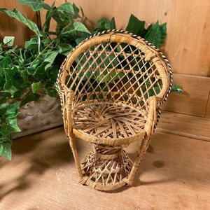 Vintage Rattan Peacock Doll Chair | Miniature Wicker Doll Chair | Polynesian Style Doll Furniture | 1970s Rattan Doll Furniture | Doll Chair