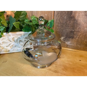 Vintage Glass Jar with Silver Leaves | Clear Glass Jar with Lid | Table Decor | Vanity Decor | Midcentury Modern | Candy Dish | Academia
