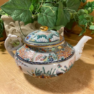 Vintage Hand-Painted Porcelain Asian Teapot | Made In Hong Kong | Asian Decor | Academia Decor | Colorful Porcelain Oriental Tea Pot