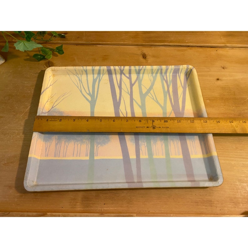 Vintage French Art Tray Creation Alpac France Forest Scene In Pastels Forestcore Serving Tray Winter Trees At Sunset Table Decor image 5