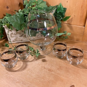 Vintage Roly Poly Cocktail Set | Dorothy Thorpe | Clear Glass with Silver Band | Brandy Snifter | Midcentury Cocktail Pitcher and 4 Tumblers