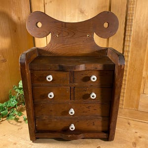 Vintage Handcrafted Wooden Spice Cabinet or Jewelry Box | Hanging Wood Cabinet with 6 Drawers | White Knobs  | Rustic Farmhouse Wall Decor