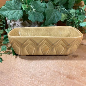 May include: A rectangular, tan-colored ceramic planter with a geometric diamond pattern. The planter is empty and sits on a wooden surface, with green foliage in the background. A decorative piece for plants.