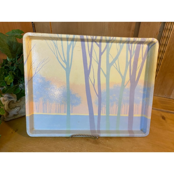 Vintage French Art Tray | Creation Alpac France | Forest Scene In Pastels | Forestcore Serving Tray | Winter Trees At Sunset | Table Decor