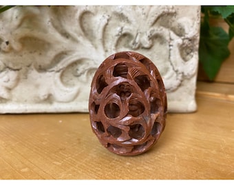 Vintage Carved Stone Egg With Elephant and Figure | Indian | Vintage Shelf Decor | Collectable Egg