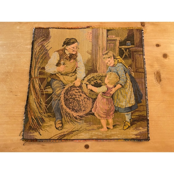 Vintage Small Tapestry | Victorian Basket Maker with Woman and Child | Made In France | Cottagecore | Wall Decor | Woven Textile Art