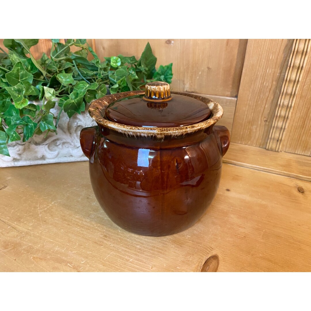 Vintage Brown Drip Glaze Bean Pot Crock With Lid USA Pottery Hull MCM