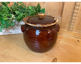 Vintage Brown Drip Glaze Bean Pot Crock with Lid | USA Pottery | Hull | MCM | Retro Shelf Decor | Midcentury Modern | Bakeware