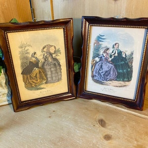 Vintage Framed French Art Prints - Set of 2 | Miroir des Modes | Anais Coudoure | Victorian | Women In Fancy Gowns and Bonnets