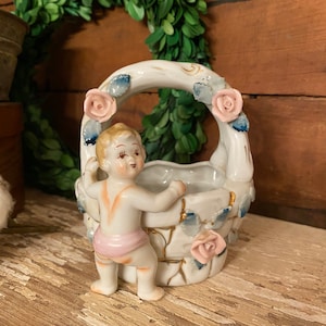 Vintage Ceramic Basket with Baby | Ceramic Floral Basket | Nursery Decor | Shabby Chic Baby Decor | Ceramic Flowered Basket