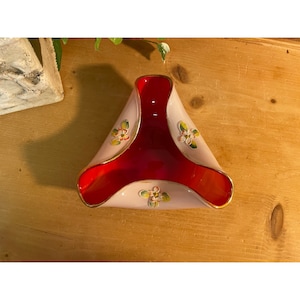 Vintage Handpainted Cased Glass Trinket Dish | Pink and Red with Delicate Painted Flowers | Decorative Dish with Tricorn Fold | Table Decor