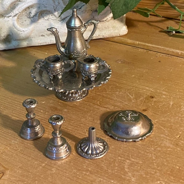 Vintage Pewter Dollhouse Miniatures - Set of 7 Tea Service | Imperial | 1978 | Tea Pot, Sugar Bowl, Creamer, 2 Pedestals, 2 Candlesticks