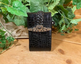 Vintage Black Faux Croc Leather Phone Case with Metal Heart Trim | Brighton | Womens Fashion | Black Leather Phone Case