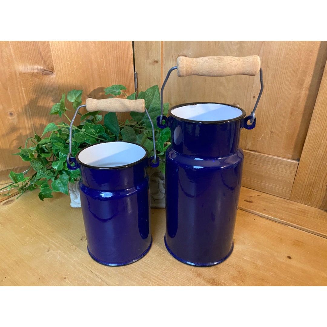 Vintage Cobalt Blue Enamel Buckets Set of 2 1 Liter and 2 Liter Made in Poland Pails With Wooden