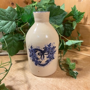 Vintage Salt-Glazed Heart Wreath Stoneware Crock Bud Vase | Casey Pottery | Marshall, TX | Blue + Cream Pottery Vase | Cottagecore Decor