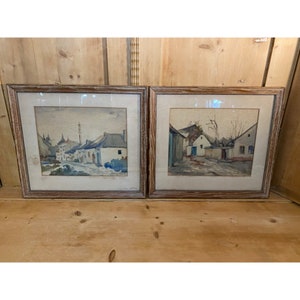Vintage Framed Watercolor Prints - Set of 2  | Landscape Street Scenes by Markup Valeria - Hungarian Painter | Art Print | Cottagecore Decor