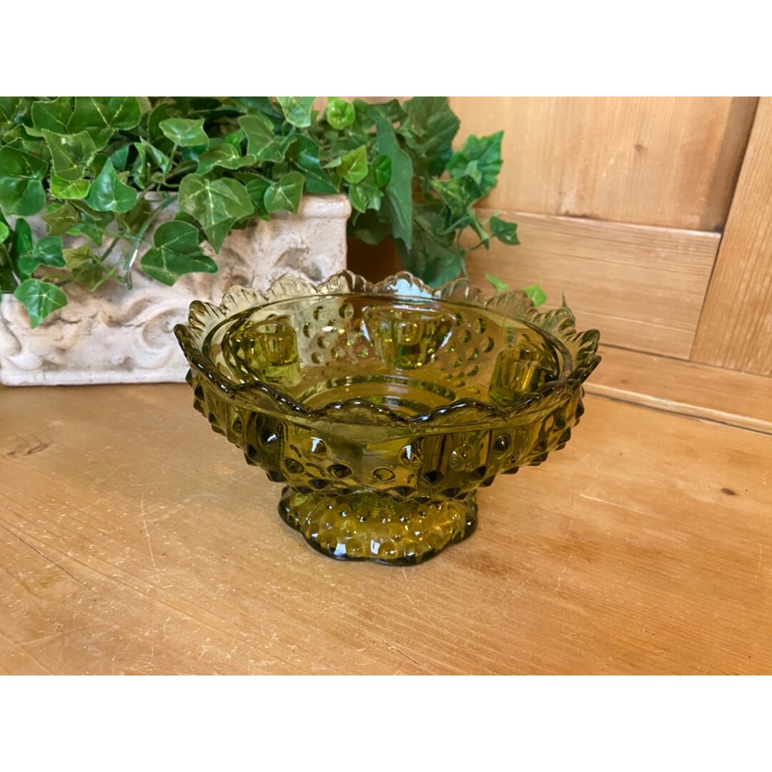 Vintage Olive Green Fenton Glass Pedestal Bowl Colonial Green Hobnail