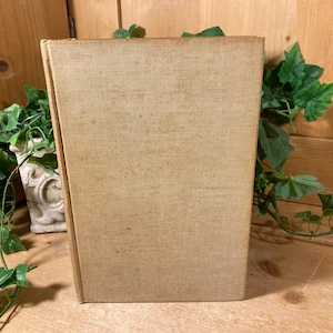 May include: A tan-colored book with a textured cover stands upright. The book's spine is visible, and the cover has a slightly worn appearance. Green ivy and a decorative vase are in the background, adding a touch of nature.