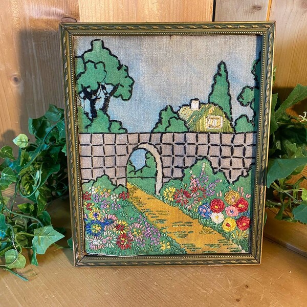 Antique Framed Textile: Cottage Garden Scene | Vintage Needlepoint Embroidery | Cottagecore Wall Decor | Embroidered Victorian Garden Art