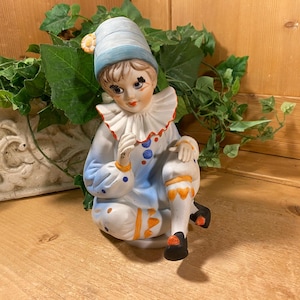 Vintage Harlequin Clown Music Box | Perrot | Blue Boy Clown Sitting On A Rotating Music Box | Send In the Clowns | Midcentury Modern Decor