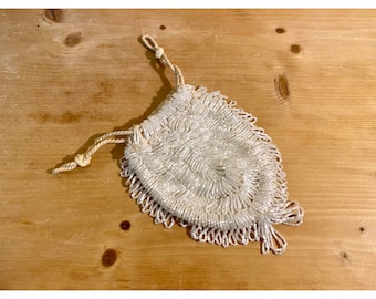 White Beaded Wristlet Coin Purse | Small Vintage Handbag With Fringe Trim | Boho | Evening Bag | Drawstring | Bohemian | Project