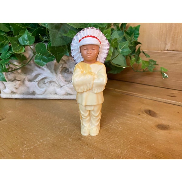 Vintage Plastic Indian Chief Doll with Headdress | Celluloid | Native American Boy Figurine | Toys | Collectible Doll | Traditional Clothing