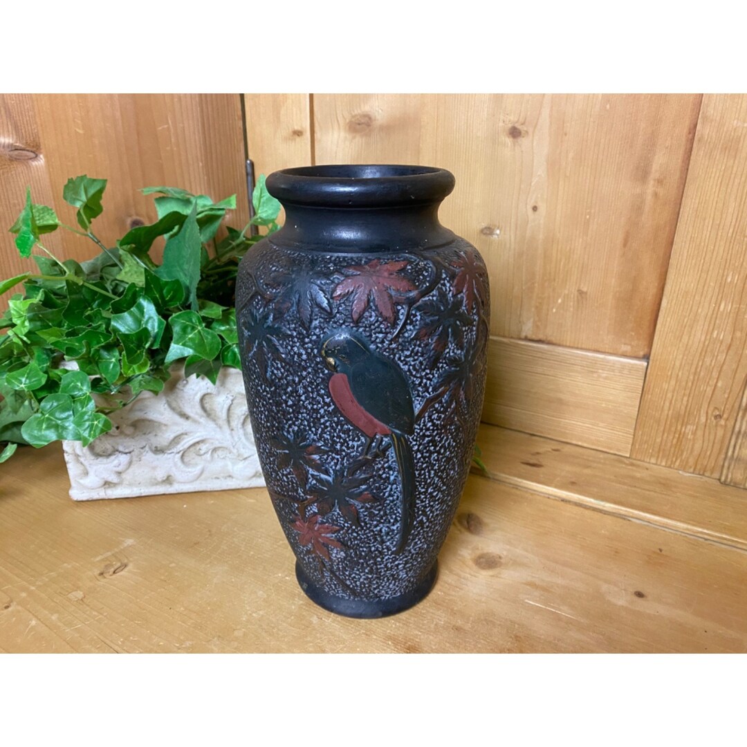 Large Black Terracotta Vase W/ Tropical Bird Coastal Etsy