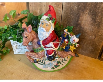 Vintage Santa Claus On A Rocking Reindeer | Resin Santa Claus Figurine | Christmas | Holiday Shelf Decor  | Father Christmas | Saint Nick
