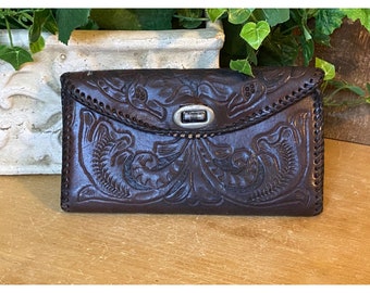 Vintage Handcrafted Genuine Leather Wallet | Dark Brown Tooled Leather Wallet with Whipstitched Edges | Forestcore | 1970s | Western