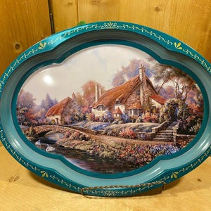 Vintage Tin Oval Serving Tray with Village Landscape Art Print | Carl Valente | Selworthy, England | English Countryside Decor | Cottagecore