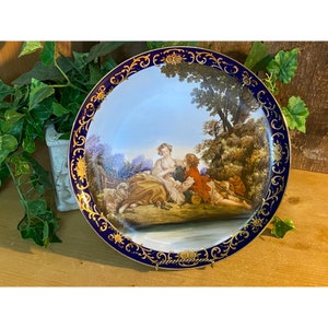 Vintage French Pastoral Scene Cabinet Plate | Cobalt Blue Rimmed Handpainted Plate (based on 1759 F Boucher Painting) | Victorian Decor