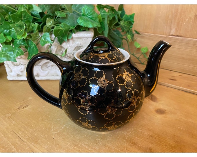 Vintage Hall Pottery Teapot 6 Cup Black and Gold Floral Etsy