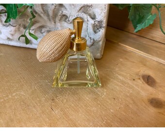 Vintage Square Yellow Glass Atomizer Perfume Bottle | Academia | Vanity Decor | Shelf Decor | Cottagecore | Boudoir | She Shed | Shabby Chic