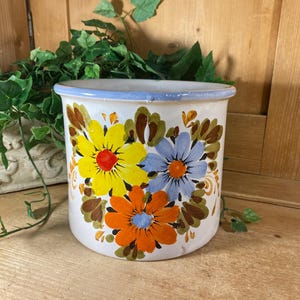 Vintage Floral Stoneware Kitchen Crock | Made In Italy | Yellow, Orange, and Blue Floral Pottery Utensil Holder | Midcentury Modern Kitchen