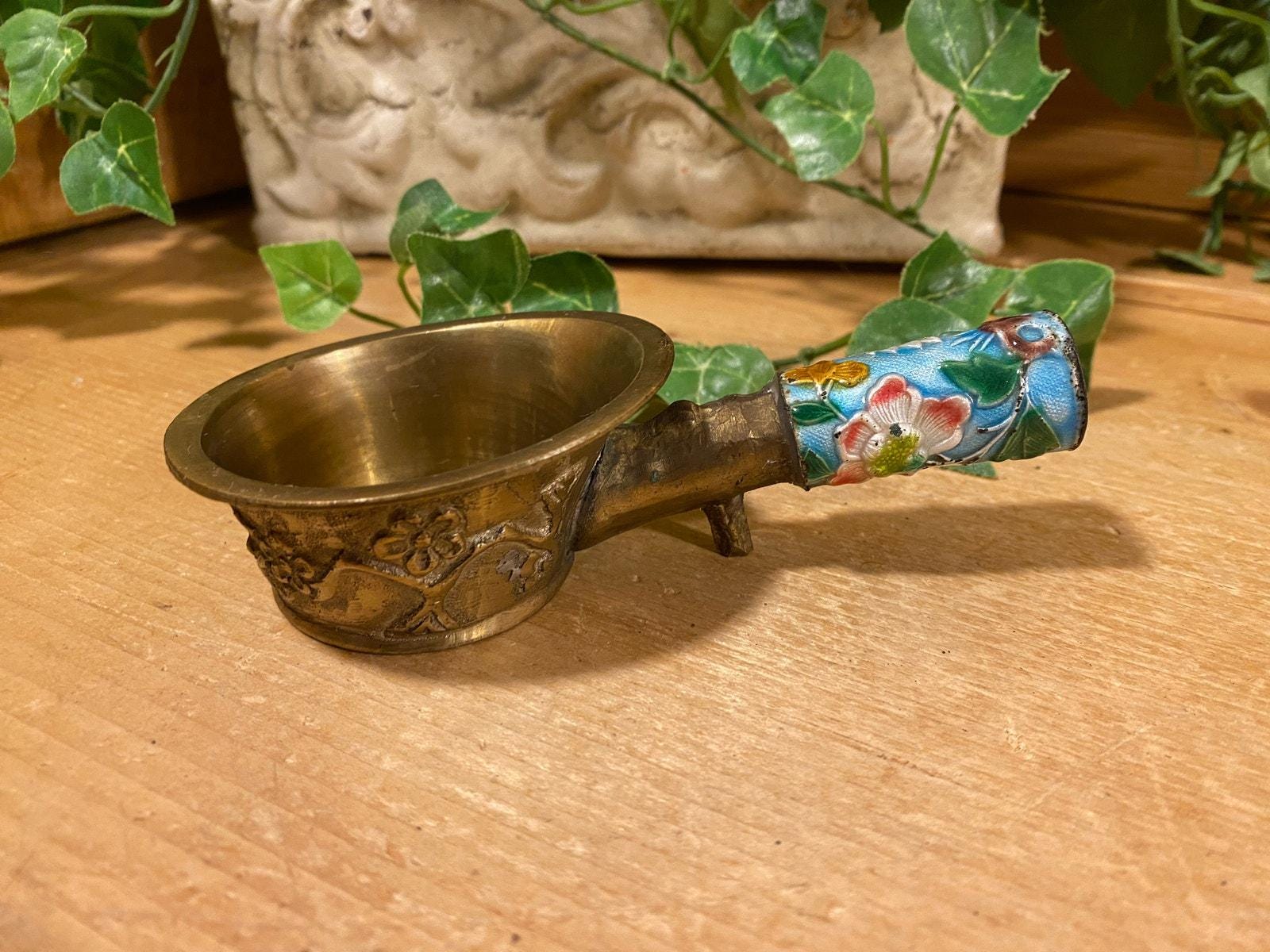 Vintage Chinese Silk Iron with Cloisonné Handle | 1930s Brass Scoop with Flowered Enamel Handle | Cottagecore Shelf Decor | Asian Silk Iron