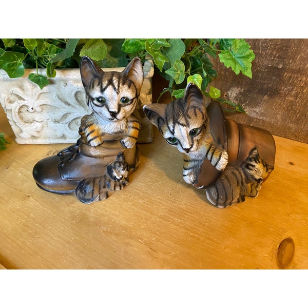 Vintage Ceramic Cats in Hat and Boot - Set of Two | Dept. 2056 | Brown Striped Ceramic Cats | Primitives | Gift for Cat Lover | Shelf Decor