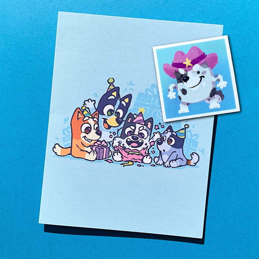 BUNDLE Bluey Birthday Card and Sticker // Muffin Cowboy Hat Bingo Bluey ...