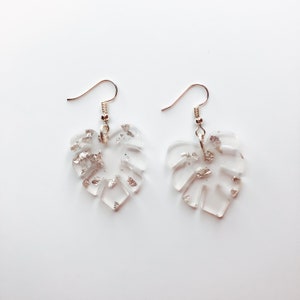Monstera Leaf Earrings, Acrylic Glitter Monstera Earrings [SHIPS FROM USA]