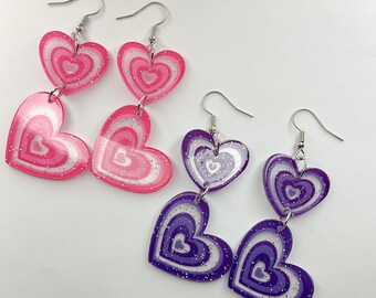 Glitter Heart Drop Earrings, Heart Dangle Earrings [MADE IN USA]