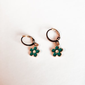 Flower Huggies, Teal Flower Huggies, Flower Leverback Earrings [SHIPS FROM USA]